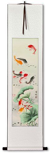 Koi Fish & Lotus Flower - Chinese Scroll