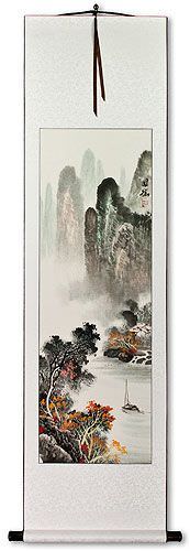 Asian Waterfall and Boat on River Landscape Wall Scroll