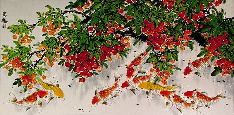Huge Koi Fish and Lychee Fruit Chinese Painting