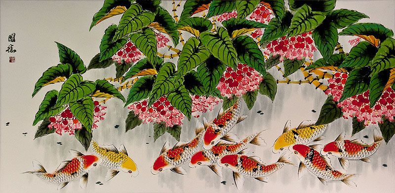 Huge Chinese Koi Fish and Lychee Fruit Painting