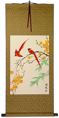 Red Cardinals and Yellow Plum Blossom Wall Scroll