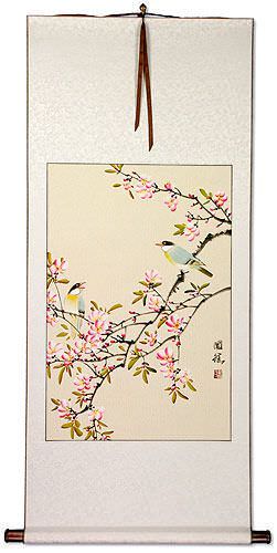 Birds and Bright Pink Blossom Wall Scroll