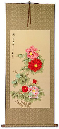 Large Red and Pink Peony Flower Wall Scroll