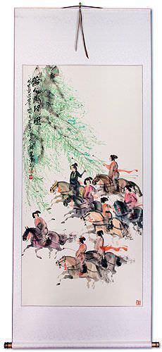 Large Tang Dynasty Polo Players on Horseback Wall Scroll