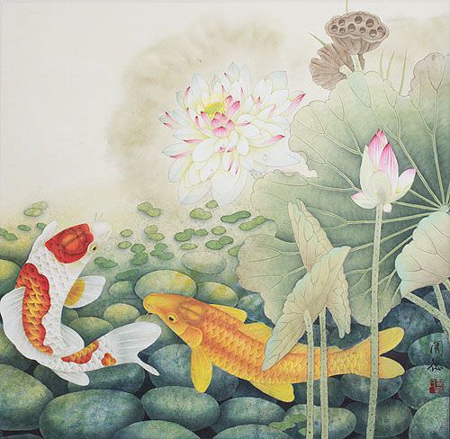 Koi Fish in Lotus Pond - Large Painting