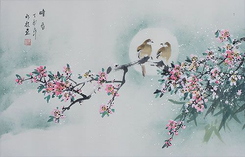 Birds and Plum Blossom Snowy Winter Moon Light Painting