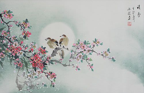 Birds & Plum Blossom Fragrant Snowy Winter Full Moon Painting