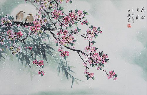 Plum Blossoms Bloom in Moonlit Garden - Flower and Birds Painting