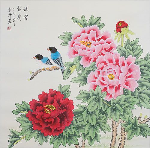 Beautiful Peony Flowers & Birds Painting