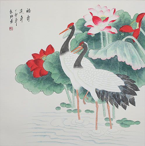 Chinese Cranes and Lotus Flower Painting