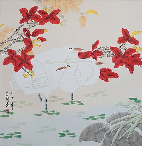 Three Chinese Egrets and Flowers Painting