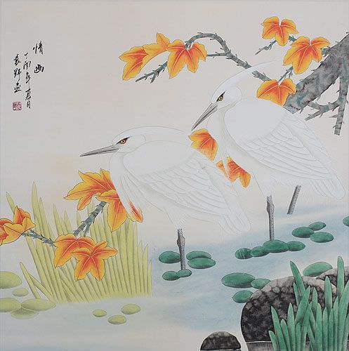Two Chinese Egrets and Flowers Painting