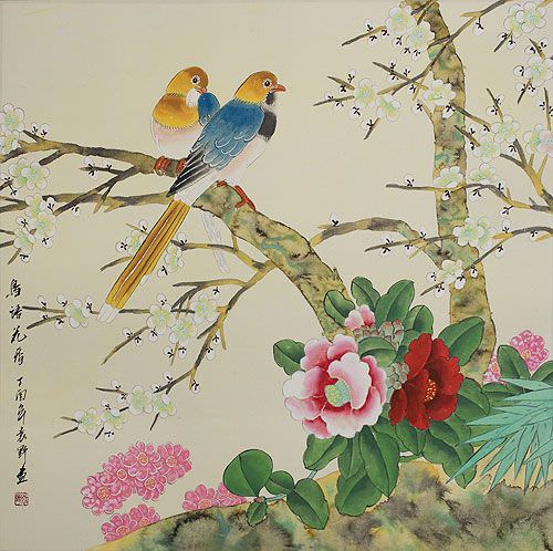 Beautiful Blue and Gold Chinese Birds & Flowers Painting
