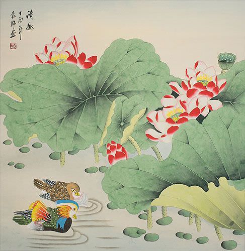 Colorful Mandarin Ducks & Lotus Flowers Painting