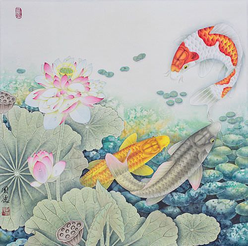 Koi Fish and Lotus Flower Painting