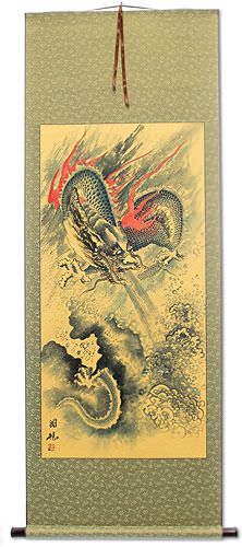 Flying Chinese Dragon and Lightning Pearl - Chinese Scroll