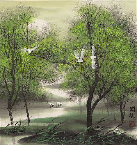 Chinese Cranes in the Jungle Landscape Painting