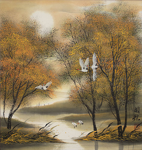 Cranes in the Autumn - Chinese Landscape Painting