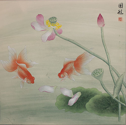 Large Goldfish and Lotus Flower Painting