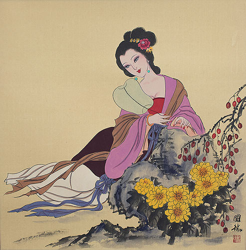 Silk Wall Scroll - Oriental Lady Chinese Painting