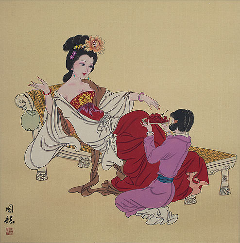 Large Antique-Style Chinese Woman and Servant Girl Painting