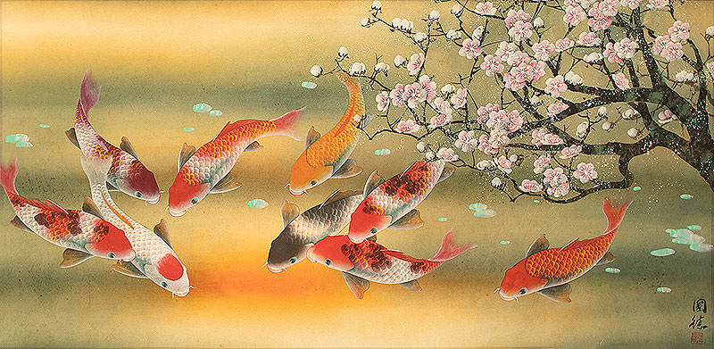 Koi Fish & Plum Blossom - Large Asian Painting