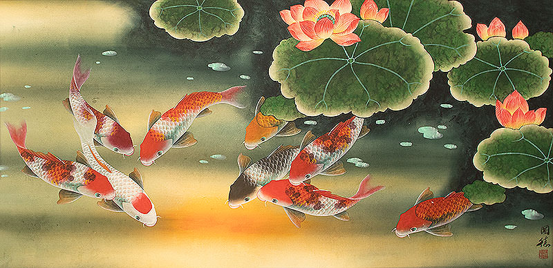 Large Koi Fish and Flower Painting
