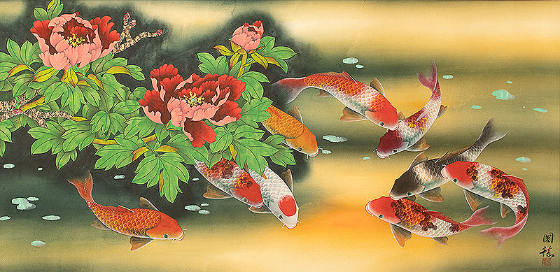 Chinese Koi Fish & Peony Flower Large Painting
