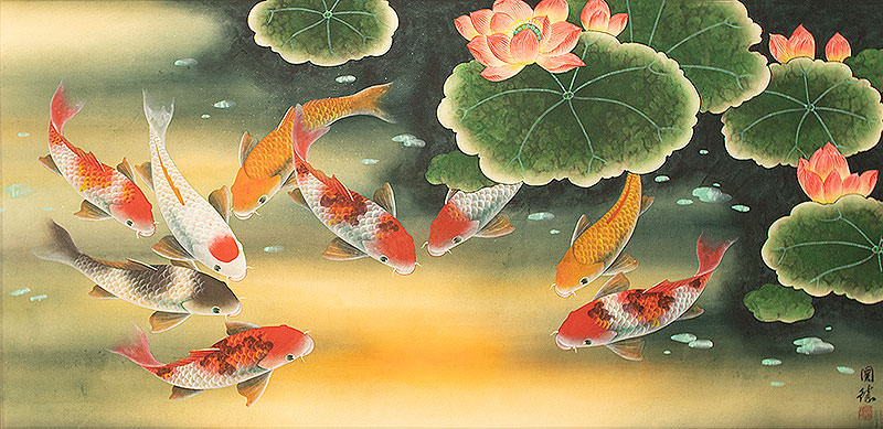Huge Koi Fish and Lily Vivid Painting