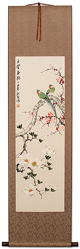 Birds With Yulan Flowers & Plum Blossoms Wall Scroll