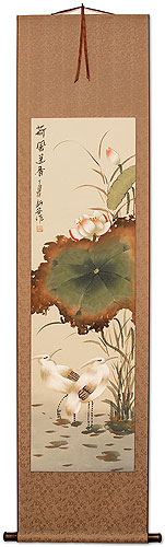Fragrant Lotus Breeze - Egrets and Lotus Flower Wall Scroll