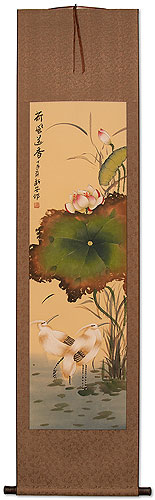 Fragrant Lotus Breeze - Egrets and Lotus Flower Wall Scroll