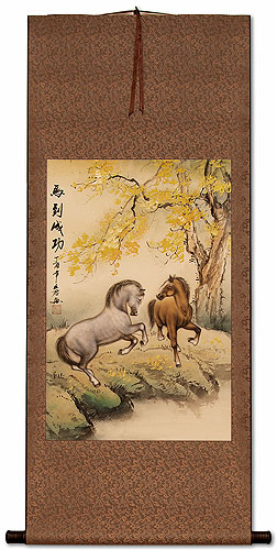 Horses at Riverside - Chinese Painting Scroll