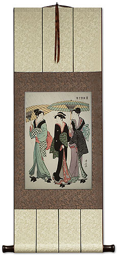 Beauties in the Rain - Japanese Woman Woodblock Print Repro - Wall Scroll