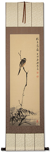 Shrike Perched in a Dead Tree - Hand-Painted Wall Scroll