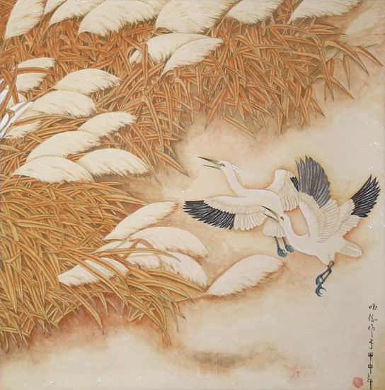 Colors of Autumn - Large birds and Reeds Painting