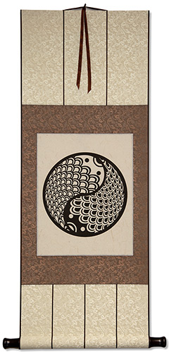 Yin Yang Fish Print on Handmade Grass Fiber Paper - Wall Scroll