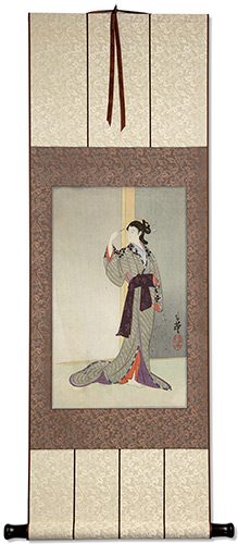Courtesan with a View of the Rain - Japanese Woodblock Print Repro - Wall Scroll