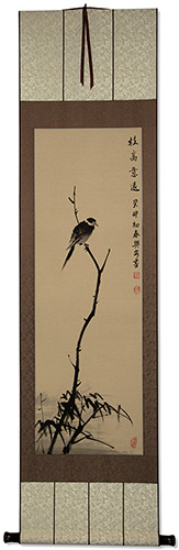 Shrike Perched in a Dead Tree - Deluxe Hand-Painted Wall Scroll