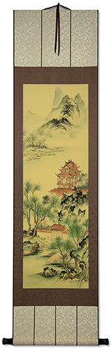 Red-Roofed Temple in the Forest - Ancient Chinese Landscape Print Scroll