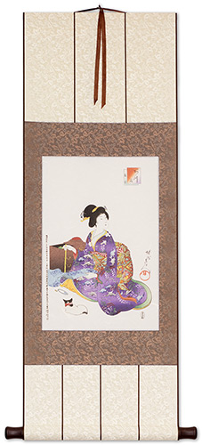 Woman Sewing - Japanese Woodblock Print Repro - Wall Scroll