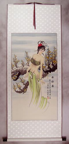 Winter Plum Blossom Semi-Nude Sexy Asian Woman Wall Scroll