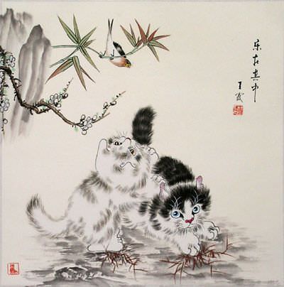 Playful Kittens Bird Caper Painting