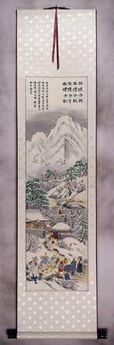 North Korean Village Scene Wall Scroll