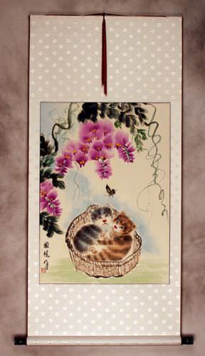 Kittens in a Basket - Asian Scroll