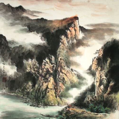 Southern China Riverside Village - Light of Dawn Painting