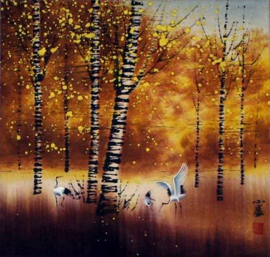 Autumn in Birch Forest - Asian Cranes Landscape Painting