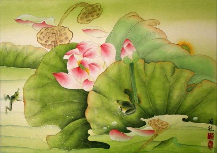 Frogs and Lily Flowers Painting