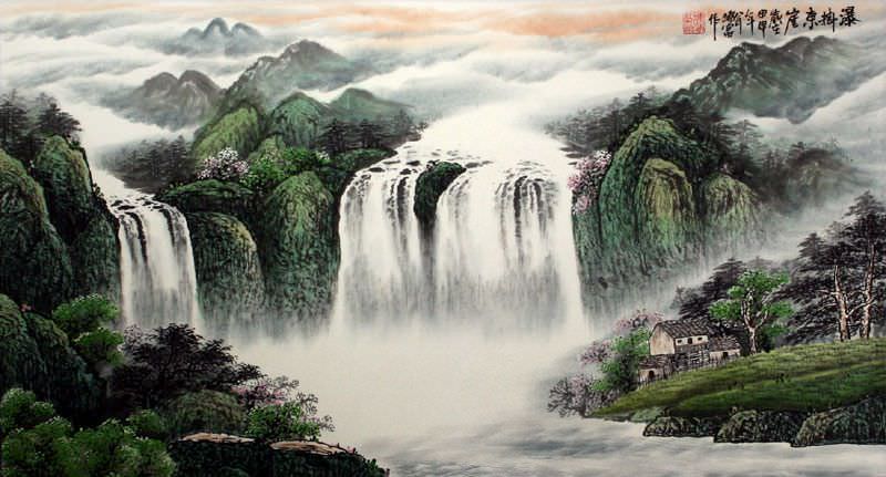 Waterfall Hanging on the East Cliff - Large Landscape Painting