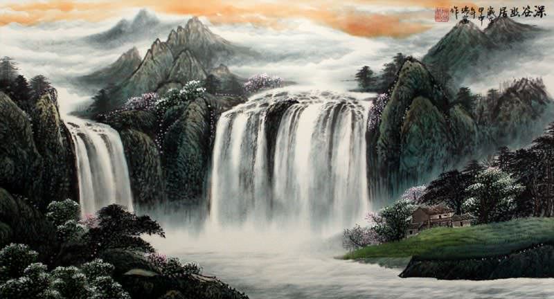 Chinese Waterfall Landscape Painting